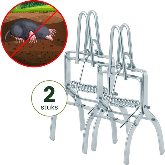 Twee zilverkleurige metalen mollenklemmen op een witte achtergrond, met een cirkel linksboven met een mol en een rood kruis erdoor, en een groene cirkel met "2 stuks".