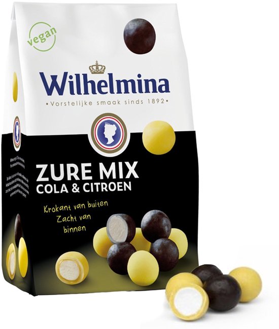 Wilhelmina Zure Mix Cola & Citroen verpakking met vegan logo. Zwarte en gele snoepjes met krokante buitenkant en zachte vulling.