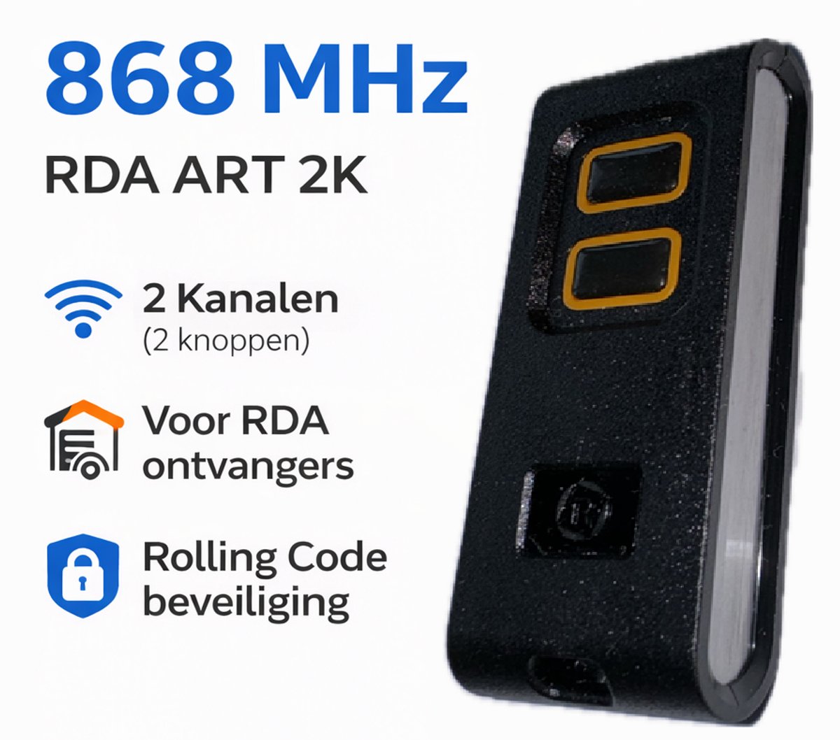 RDA ART Handzender - 2-Kanaals 868 MHz - Zwart Design met Aluminium Zijkanten