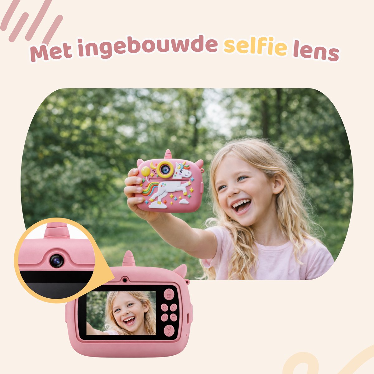 Peblo Digitale Kindercamera Met Foto Printer - Fototoestel Voor Kinderen - Speelgoedcamera - Selfie Camera - Kinder Fotocamera Instant Print- Speelgoed Video Camera Kind - Vlogcamera Kids - SD Kaart 16GB - Unicorn Roze — afbeelding 3