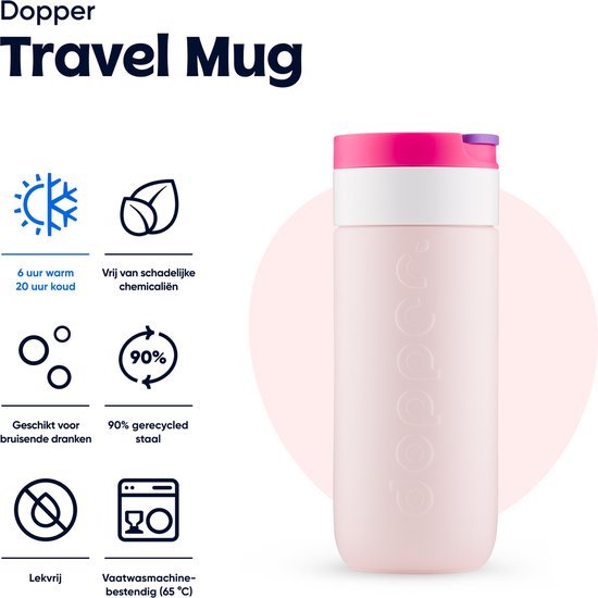Dopper Travel Mug: lichtroze beker met witte band, roze en paarse dop. 6u warm, 20u koud, lekvrij.