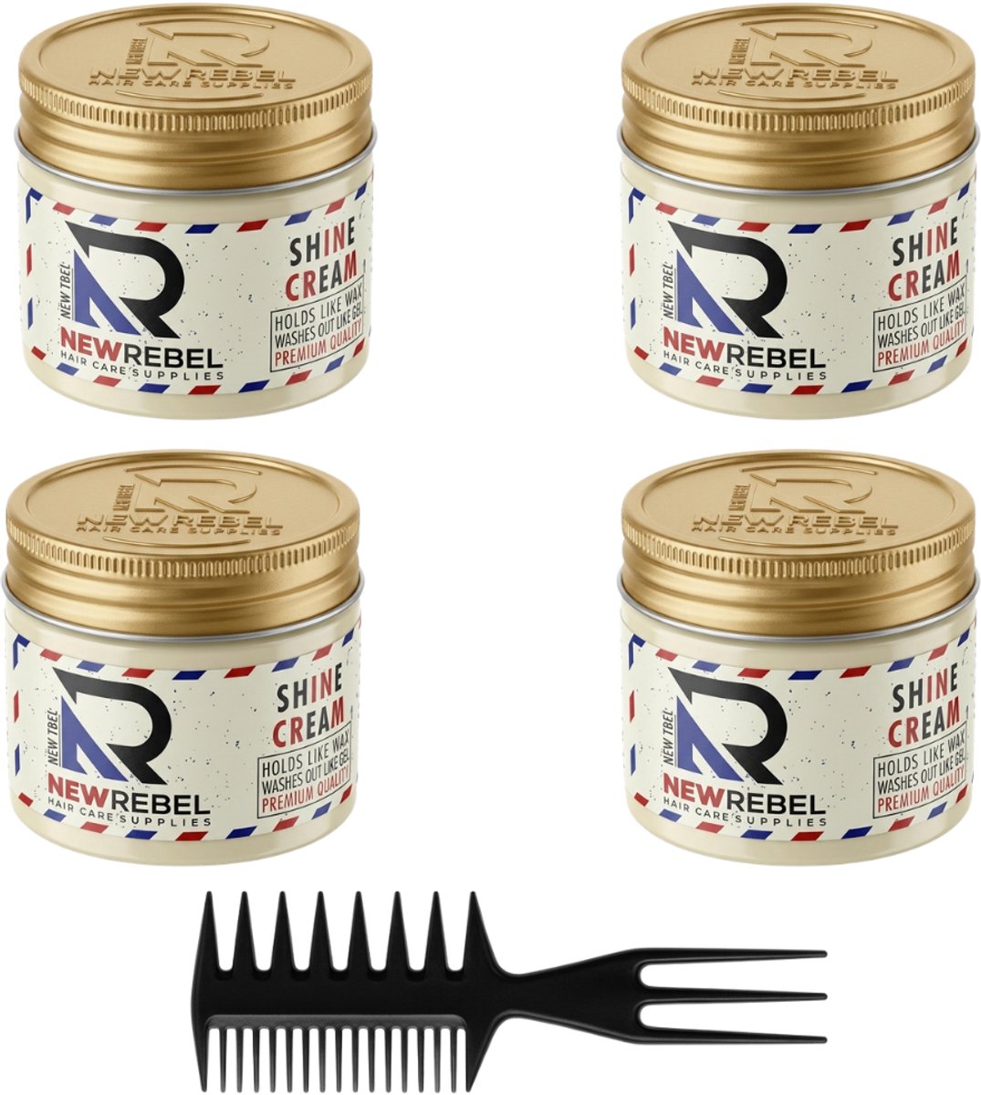 New Rebel Shine Cream Hair Wax – Glanzende Finish – Sterke Hold – 4 x 125 ml + Stylingkam – Haarwax Mannen