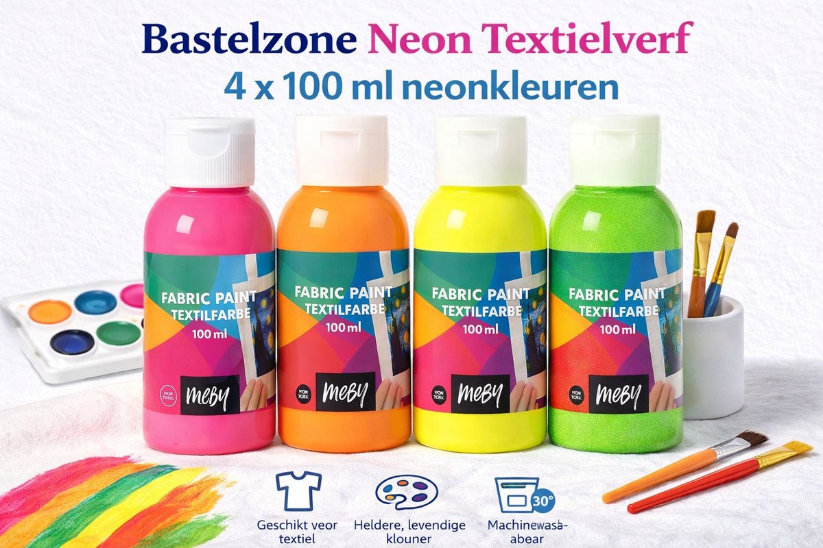 Bastelzone Neon Textielverf Set - 4 neon kleuren, 100 ml per flesje - Machinewasbaar