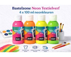 Bastelzone Neon Textielverf Set - 4 neon kleuren, 100 ml per flesje - Machinewasbaar