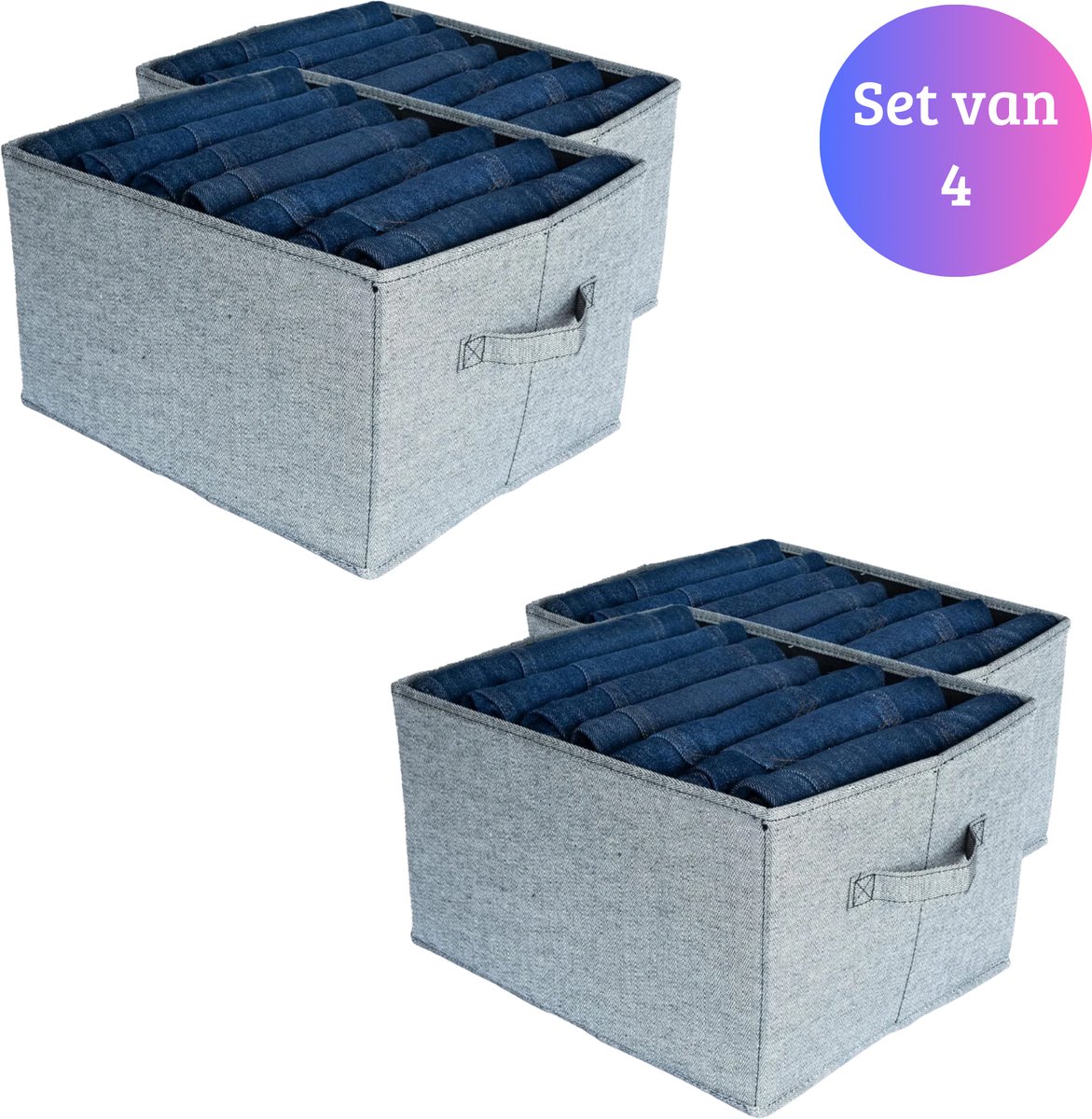Janse® Kleding organizer set van 4 - Opbergdozen jeans - Kast organizer opstapelbaar - Broek organizer met 7 vakken - Kleding opbergsysteem - Kleding opberger - Stoffen opbergset voor spijkerbroeken - Opvouwbare opbergmand - Opslagboxen t-shirts