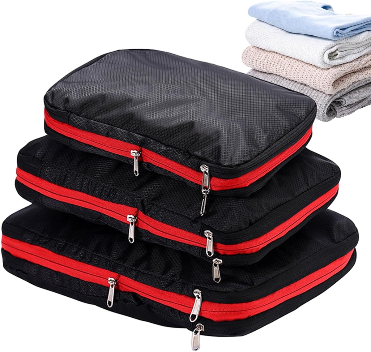 Compressie Inpak Kubussen - Reis Organisatie Tassen - Bagage Ordenen - Verstelbaar Volume - 3 Stuks - Zwart