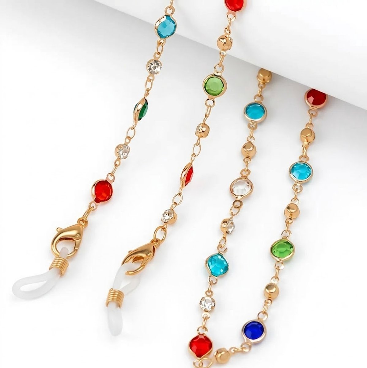 Goudkleurig en multicolor strass brillenkoord dames – vintage stijl brillenkoord met ronde facet stenen – metalen ketting met siliconen antislip uiteinden