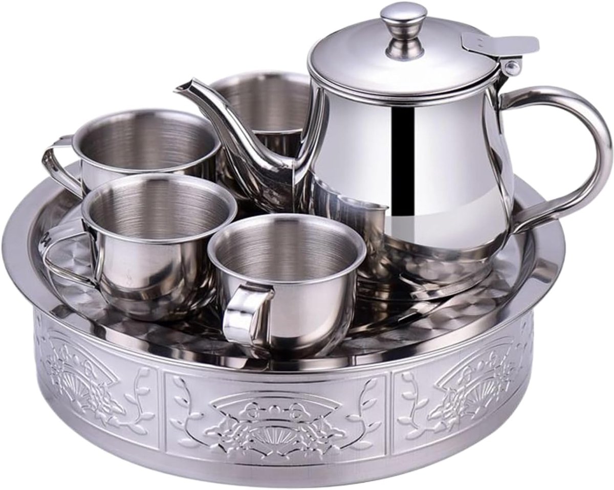 Kindertheset Staal - Thee Servies - Leren Etiquette - Roestvrij Staal - 330ml Theepot 70ml Kopjes