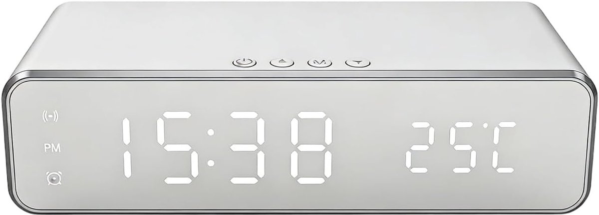 Digitale Wekker - Oplaadstation Horloge - Opladen Telefoon - Draadloze Oplaadfunctie - 16 x 7.5 x 4 cm - Zilver