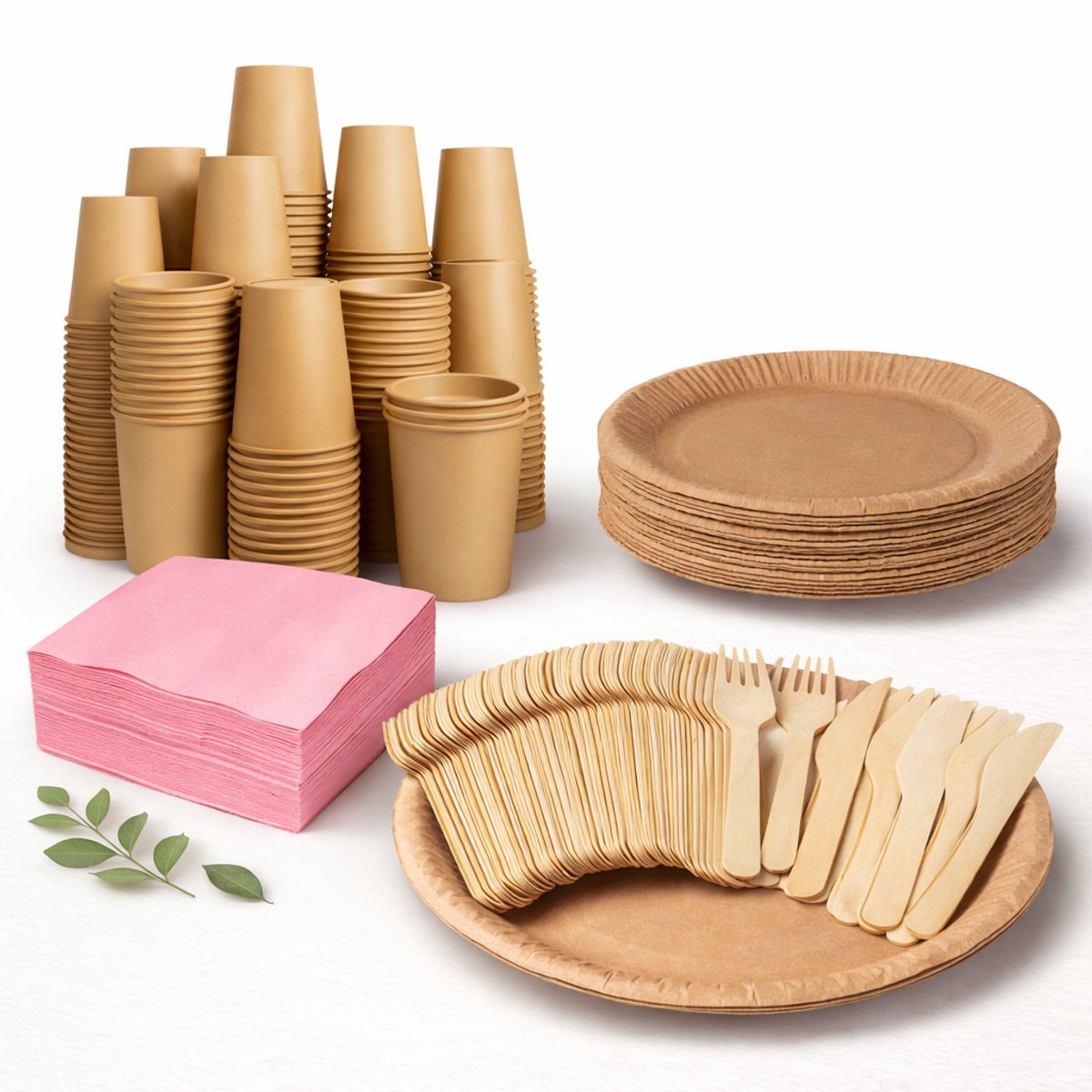 500 stuks x Houten wegwerp bestek set eco/milieubewust - 100 kartonnen borden 23cm + 100 kartonnen bekers 240ml+ 100 Vorken 16cm+100 messen 16cm+ 100 bio servetten roos 33x33cm