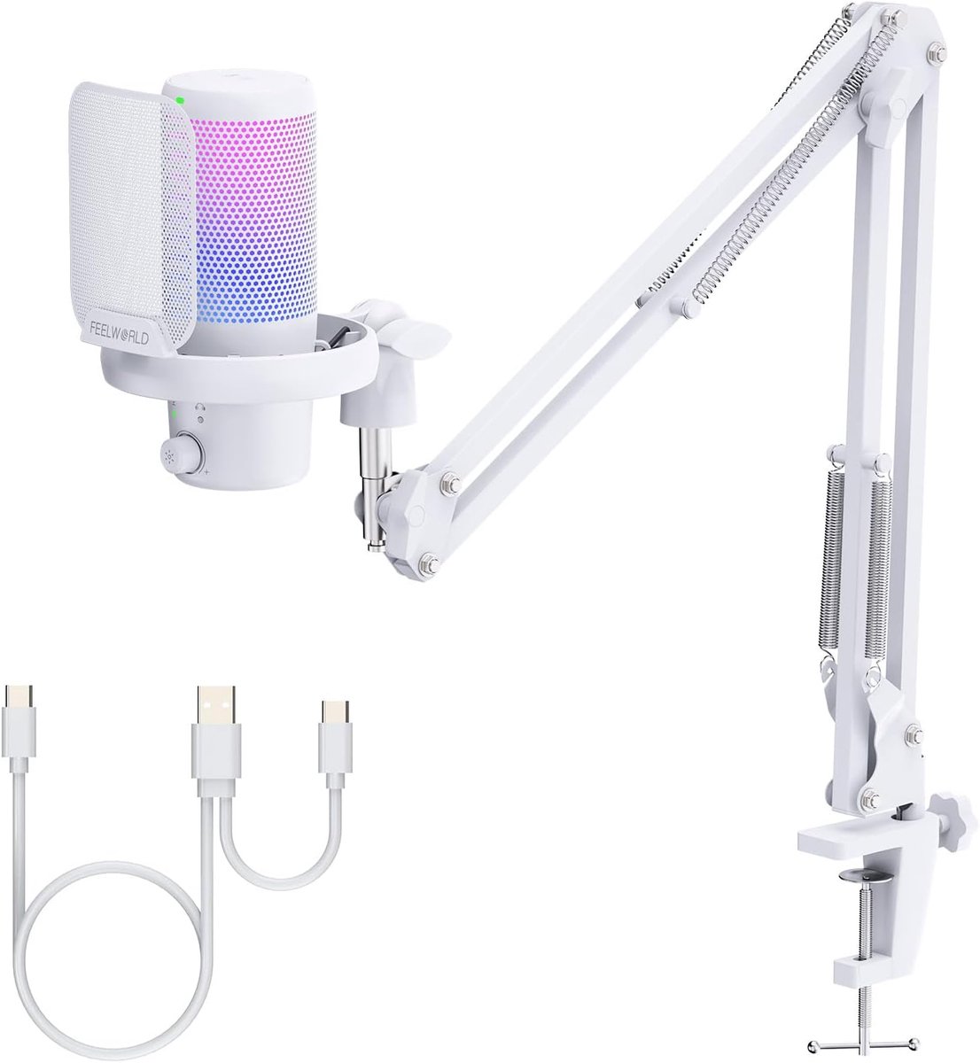 USB Condensator Microfoon - Studiomicrofoon PC - Streaming Podcast Opname - Ruisonderdrukking Mute Functie - RGB Verlichting - Zilver