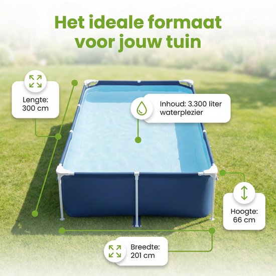 Blauw rechthoekig Bestway Steel Pro zwembad op gras, lengte 300cm, breedte 201cm, hoogte 66cm, inhoud 3300L.