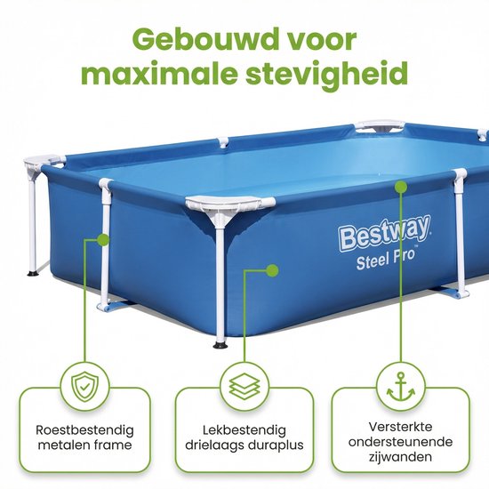 Blauw rechthoekig Bestway Steel Pro zwembad met informatie over de metalen frame, drielaags duraplus en verstevigde zijwanden.