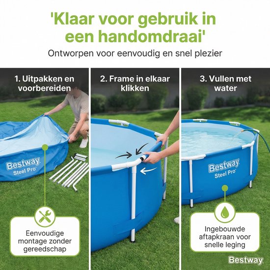 Drie stappen voor het opzetten van het Bestway Steel Pro zwembad: uitpakken, frame in elkaar zetten, vullen met water.