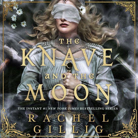 Een vrouw met geblinddoekte ogen en blond haar ligt met een zwaard op haar borst. De titel 'The Knave and the Moon' is prominent aanwezig.
