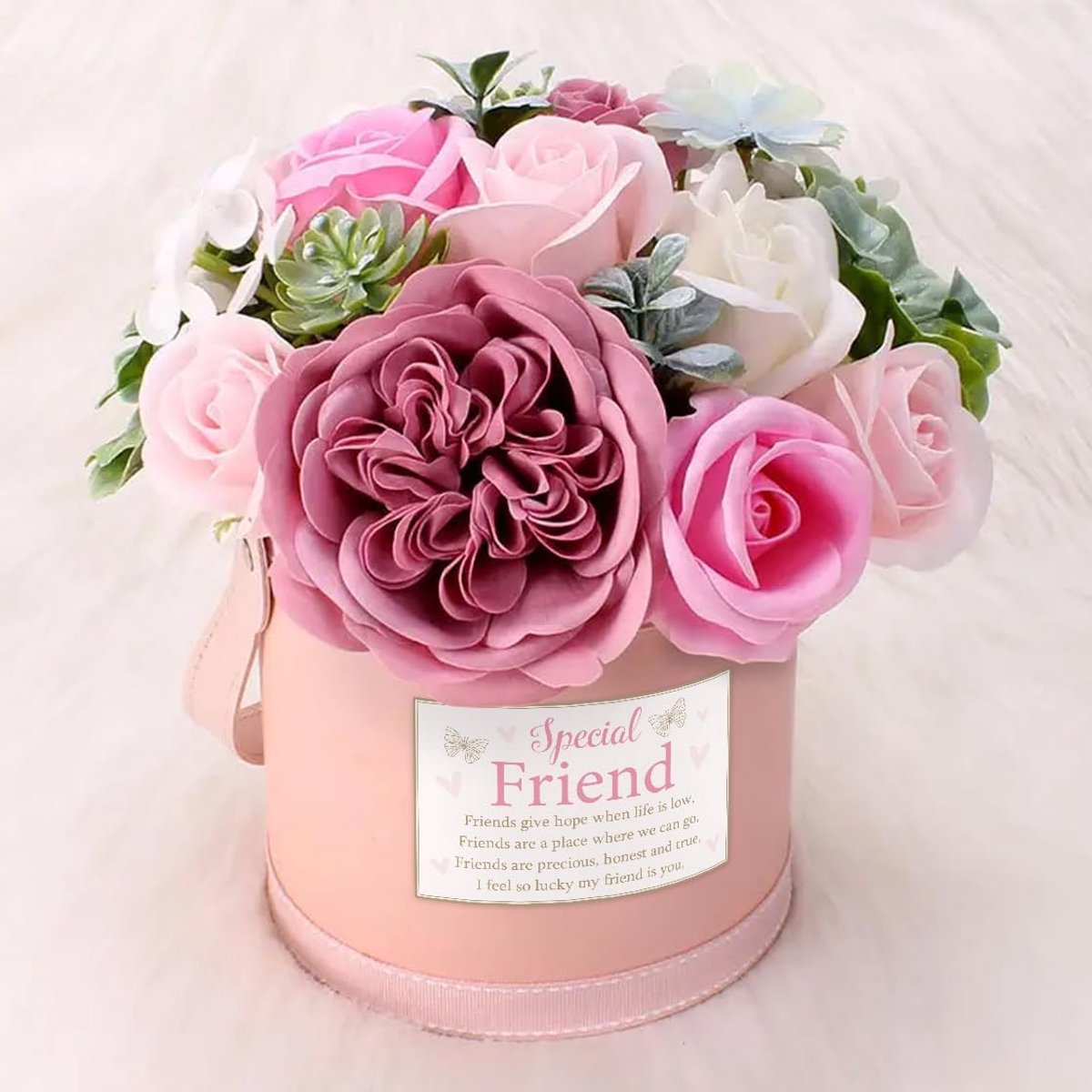Bloemenboeket Cadeau - Zeepbloemen - Vriendschap Vieren - Eeuwig Mooi - 20x20x22 cm - Roze