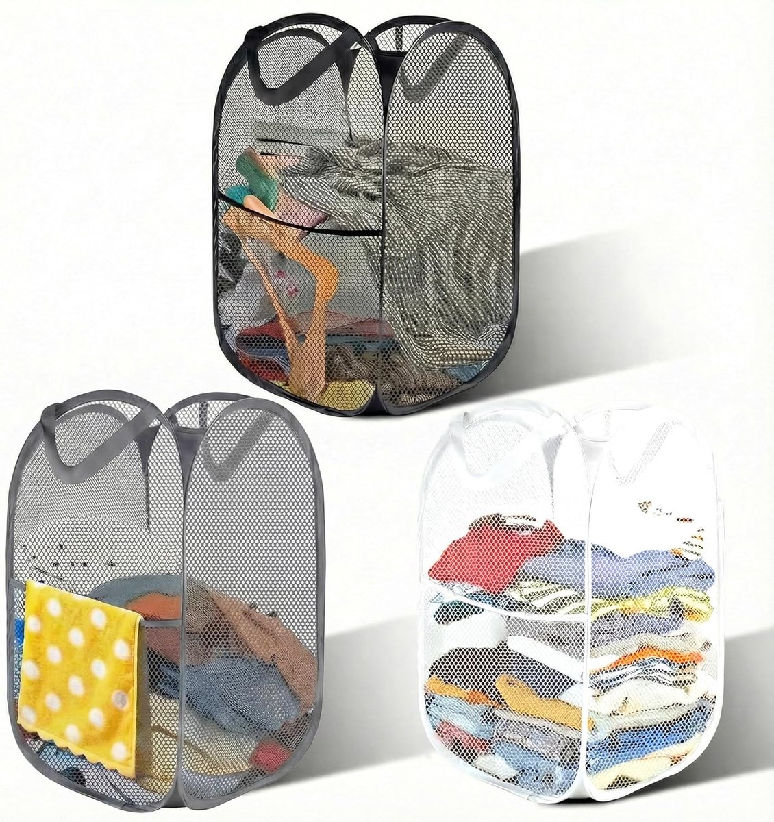 Waskor Set - Opvouwbare Manden - Kleding Opbergen - Drie Stuks - 36x36x58 cm - Zwart Grijs Wit