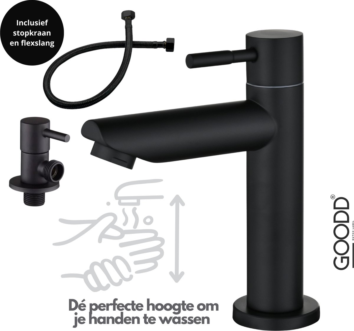 GOODD® - Fonteinkraan - Koudwaterkraan - Toiletkraan - Wc kraan - Zwart - Aansluitslang - Stopkraan
