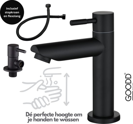 Matzwarte fonteinkraan met stopkraan en flexibele slang. Ideaal om handen te wassen.