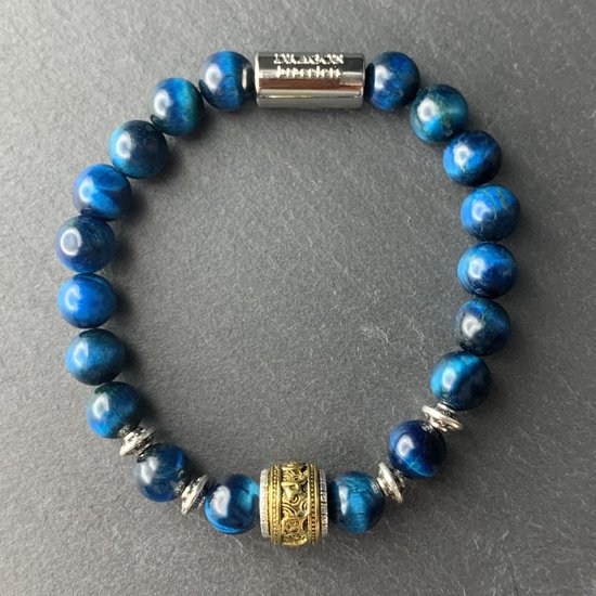 Dragon Bracelets® Heren Armband - Aziatisch - Prayer Bead Bracelet - Natuursteen - Tijgeroog - Blauw