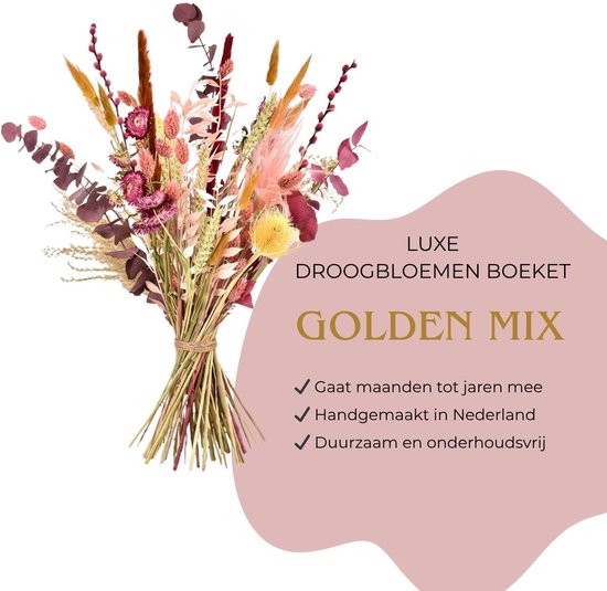 Boeket droogbloemen 'Golden Mix' in een bundel, met roze, paarse en gele tinten. Tekst 'Luxe droogbloemen boeket Golden Mix'.