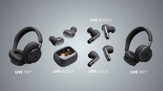 Collectie JBL hoofdtelefoons en oortjes: Live 780NC, Live Buds 4, Live Flex 4 en Live 680NC.