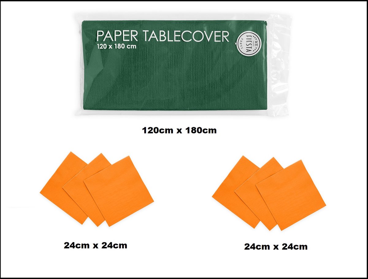 1x Tafelkleed papier groen 120cm x 180cm + 40x Cocktail servetten oranje 24cm x 24cm 3 laags