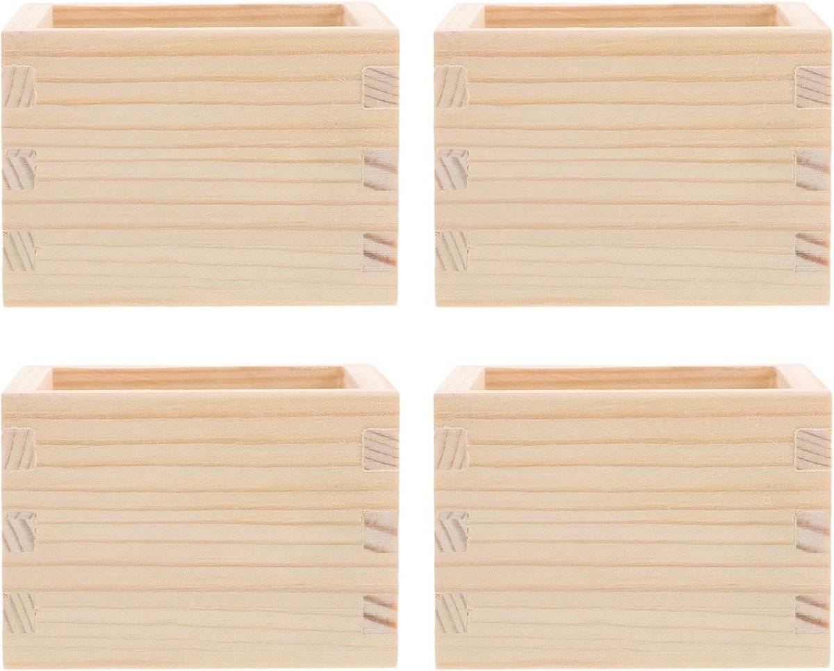 Houten Sake Bekers - Masu Cups - Japanse Drankjes - Set van Vier - 8x8x5.5 cm - Beige