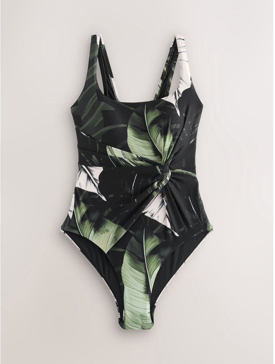Next Dames - Buikcorrigerend badpak met gedraaide watervalhals - Zwart Black/Green Leaf