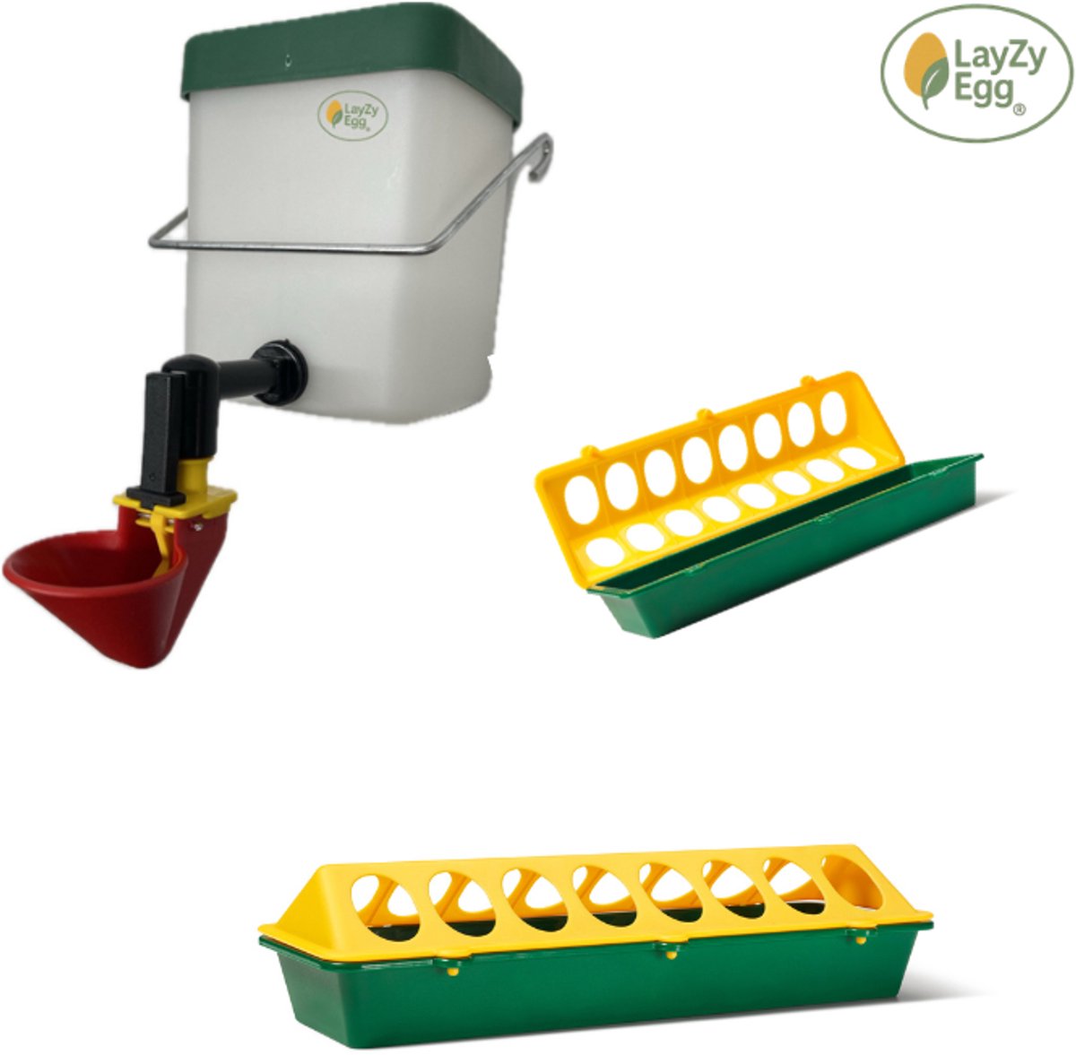 LayZyEgg® Kuikenvoerbak 30 cm Kunststof Geel/Groen + Kuiken Drinkfles 0,5L met Drinkcup – Voerbak en Drinkbak Set voor Kuikens, Kippen, Kwartels, Pluimvee