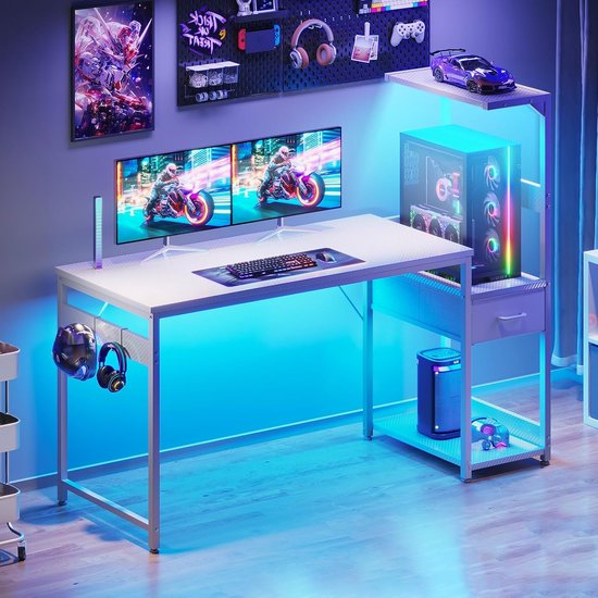 Gaming Bureau - Computer Tafel - Gaming en Werk - Geïntegreerde LED Verlichting - 138x48cm - Wit Carbon — afbeelding 3