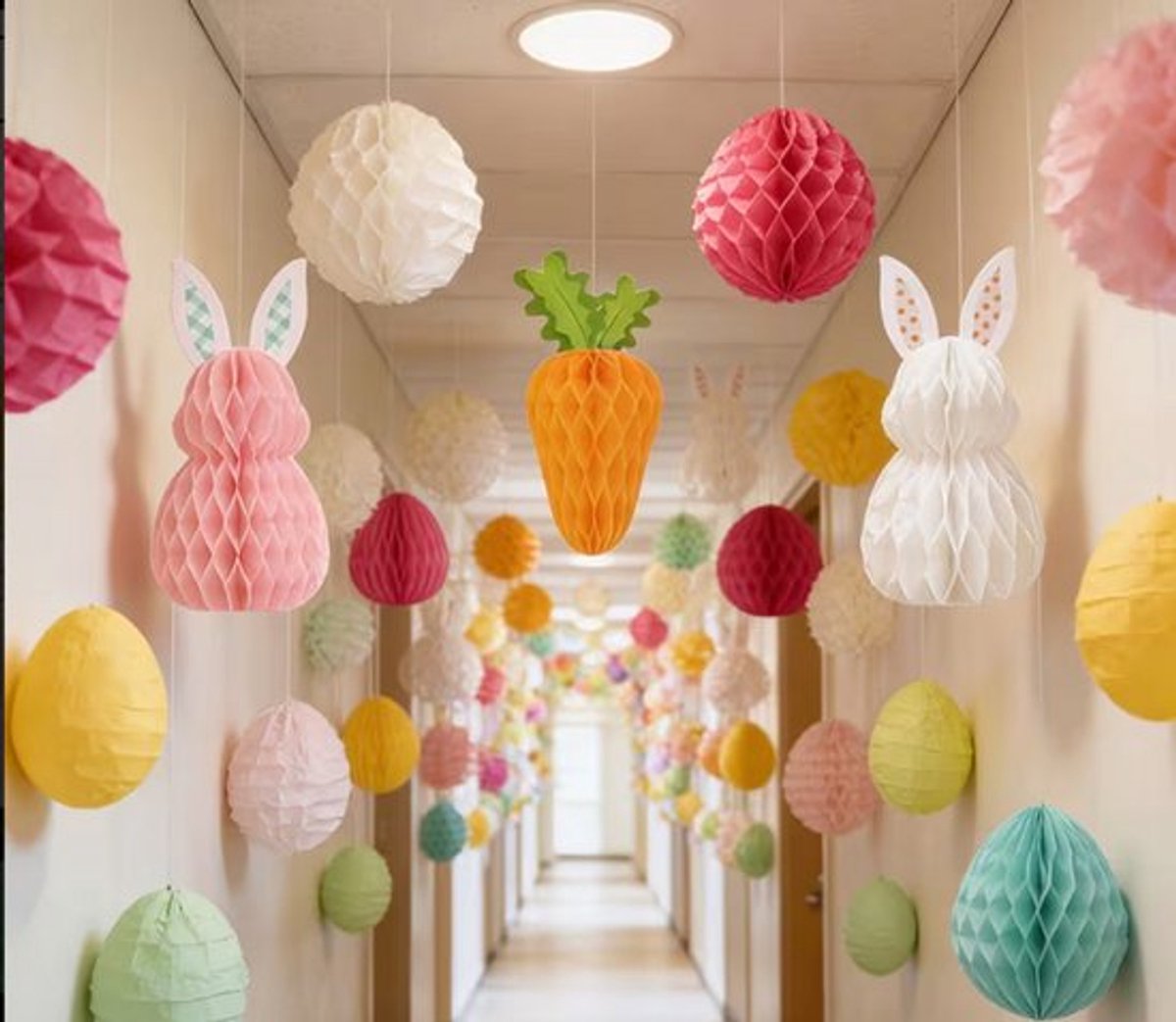 12-Delige Paasdecoratie Set – Konijn Slinger & Papieren Pompons – Hangende Feestdecoratie voor Pasen, Lente Feestjes en Muurdecoratie Binnen en Buiten
