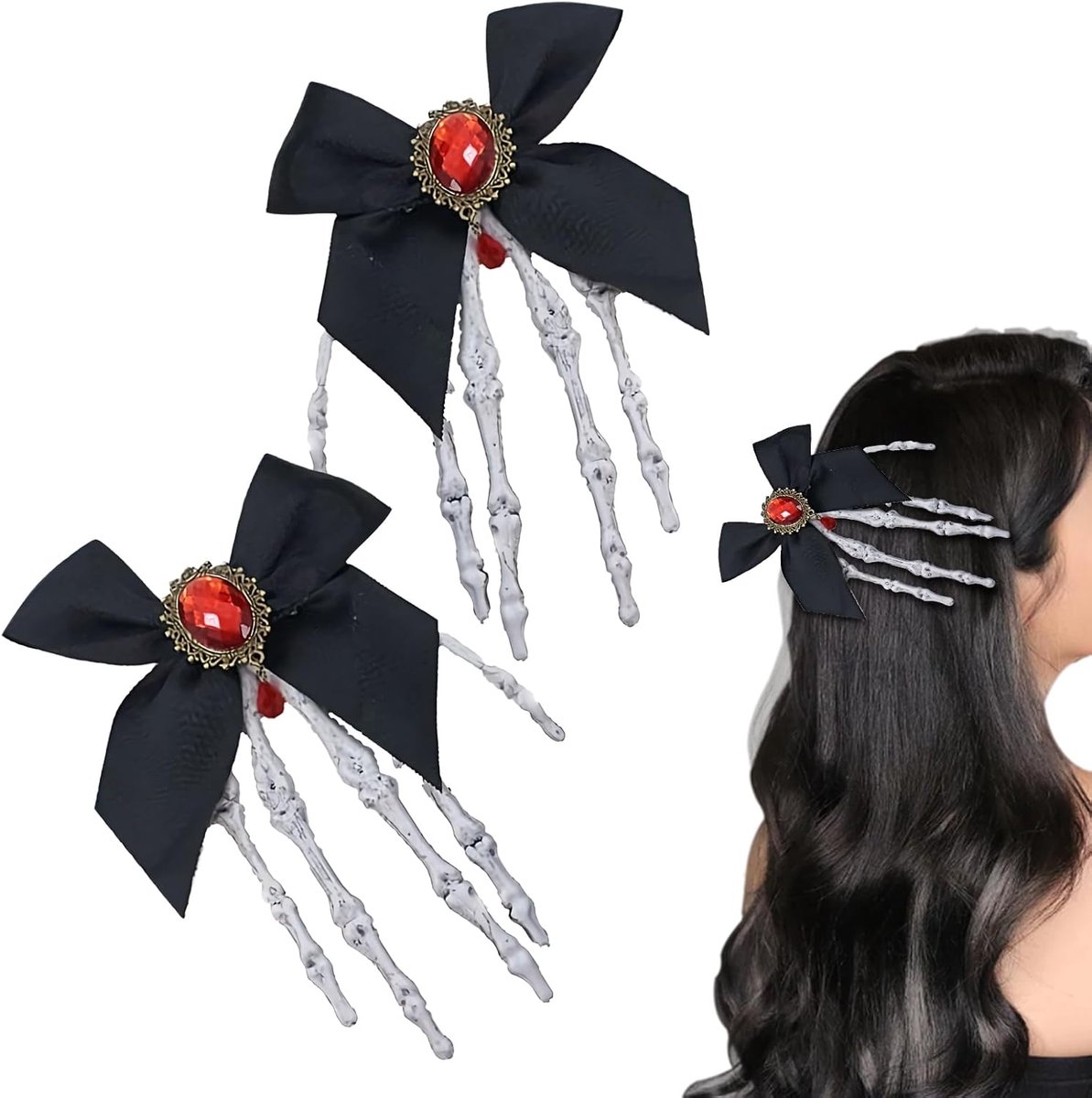Haarclip Set - Strik Klemmen - Feestelijk Kapsel - Uniek Schedel Design - 17x10 cm - Rood Zwart