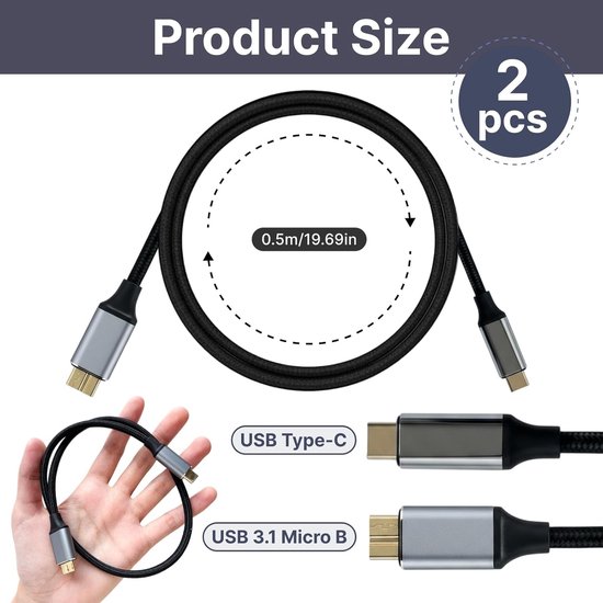 USB C naar Micro B - Externe Harde Schijf Kabel - Data Overzetten - Directe Verbinding - 0.5 Meter — afbeelding 2
