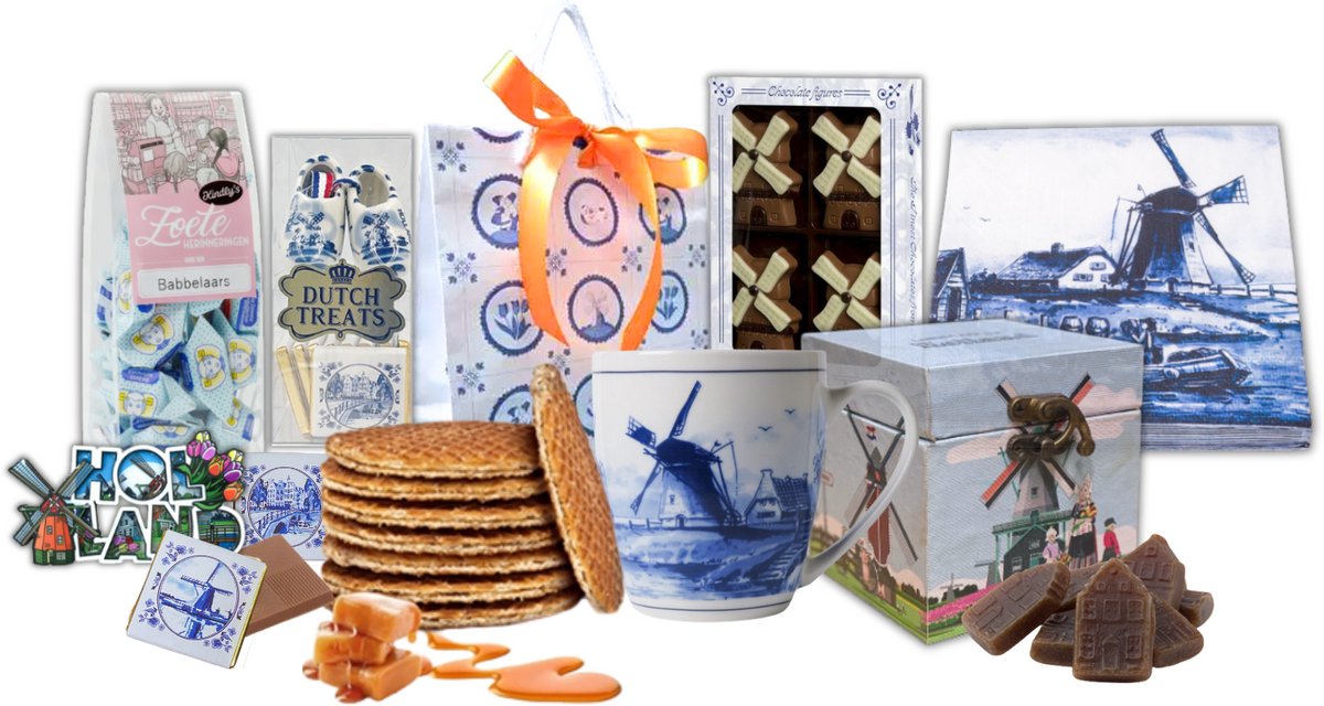 Holland pakket - Molen - Delfts blauw - Koffiemok 200 ml - Hollandse Lekkernijen - Souvenirs - Hollandse cadeautjes