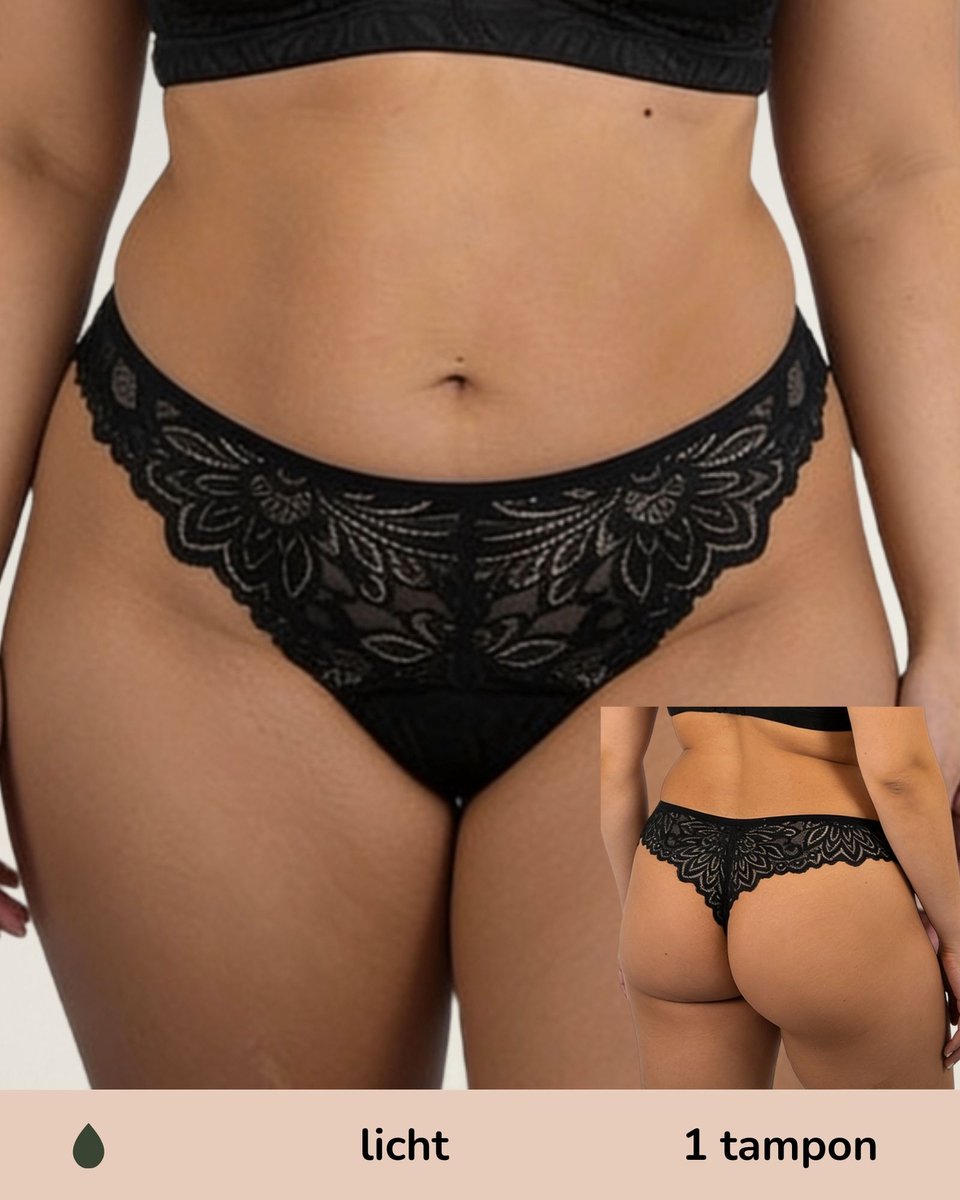 Moodies menstruatie ondergoed - String lace - licht kruisje - Zwart - maat XL