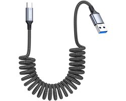 AdroitGoods USB-C Spiraal Oplaad- en Datakabel voor Auto - 60W Snelladen - USB 2.0 - CarPlay Compatibel - 120cm tot 200cm wanneer uitgetrokken