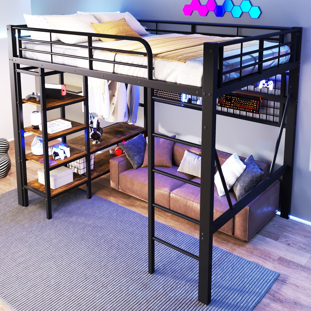 STILVORA Hoogslaper 140x200 cm – Bedframe Met Appgestuurde Ledverlichting – Opbergvak En Hangnet – Kledingstang – Zonder Matras – Metaal En MDF – Zwart