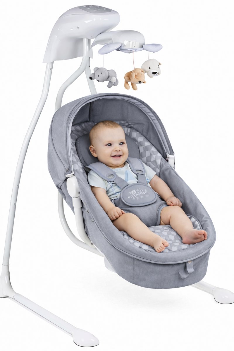 Elektrische wipstoel - babyschommel met Muziek en Speelgoed - 360° Draaibaar & Tot 9 kg- incl. m uggennet