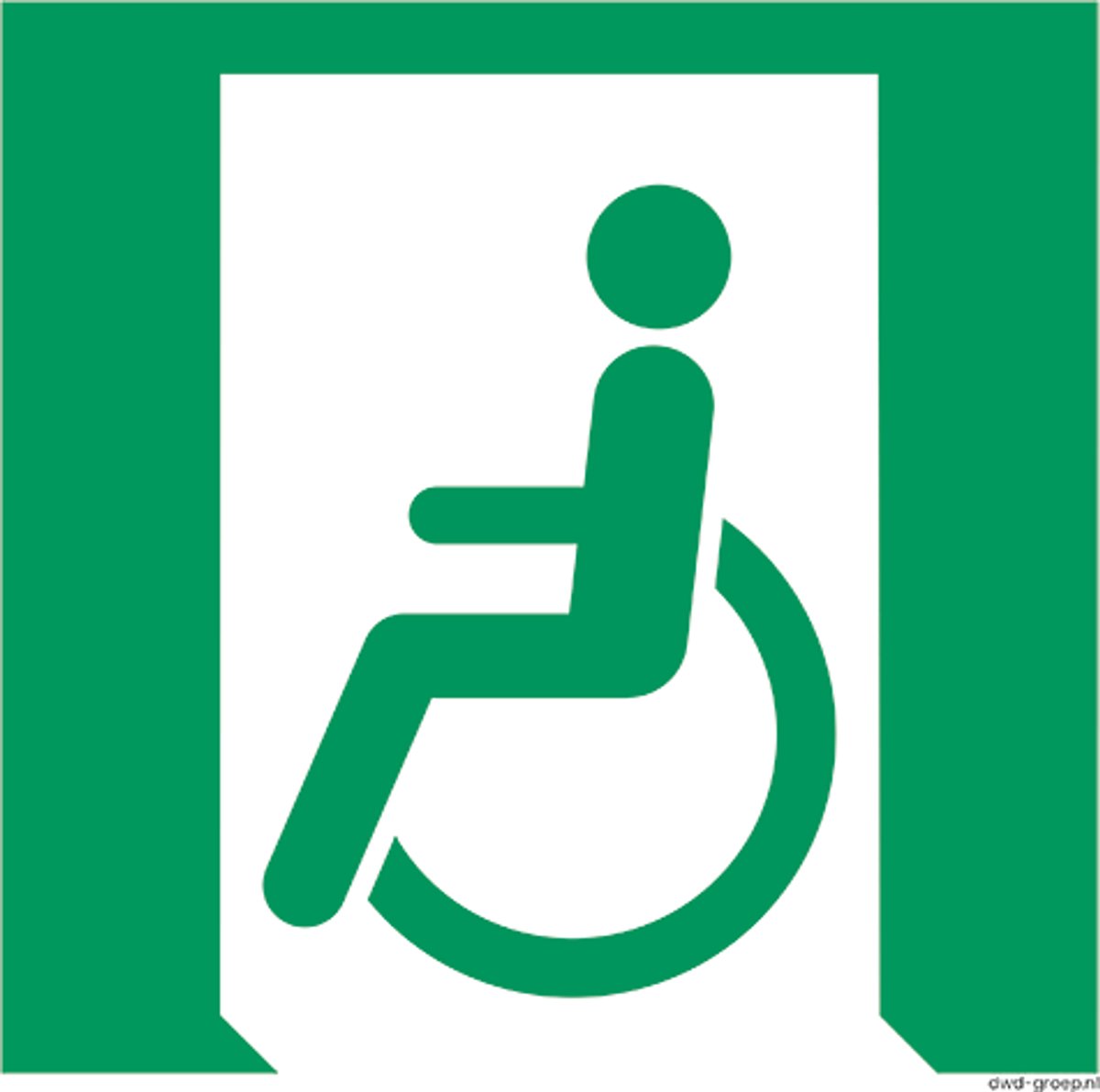 Pictogram nooduitgang – Nooduitgang Invaliden (Links) Bord E026 – 200x200 mm – NEN3011 / ISO 7010