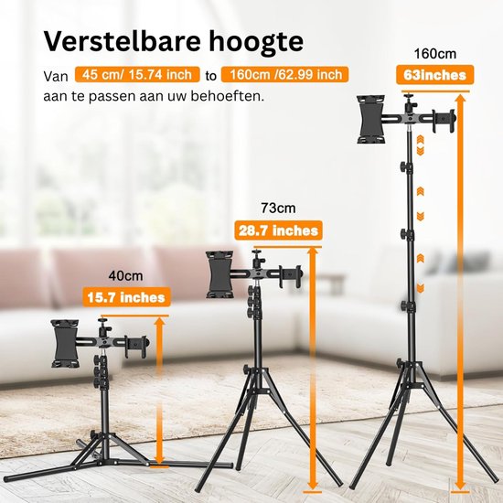 Drie statieven van verschillende hoogtes: 40cm, 73cm en 160cm. Ze kunnen worden aangepast van 45cm tot 160cm.