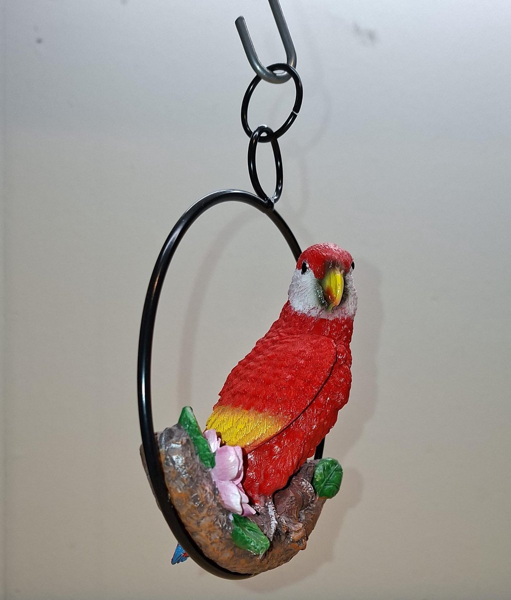 Papegaai op ring hanger beeld - 15cm ring diameter - rood - Kado - Cadeau - Decoratie - Woonaccessoires - Beeld