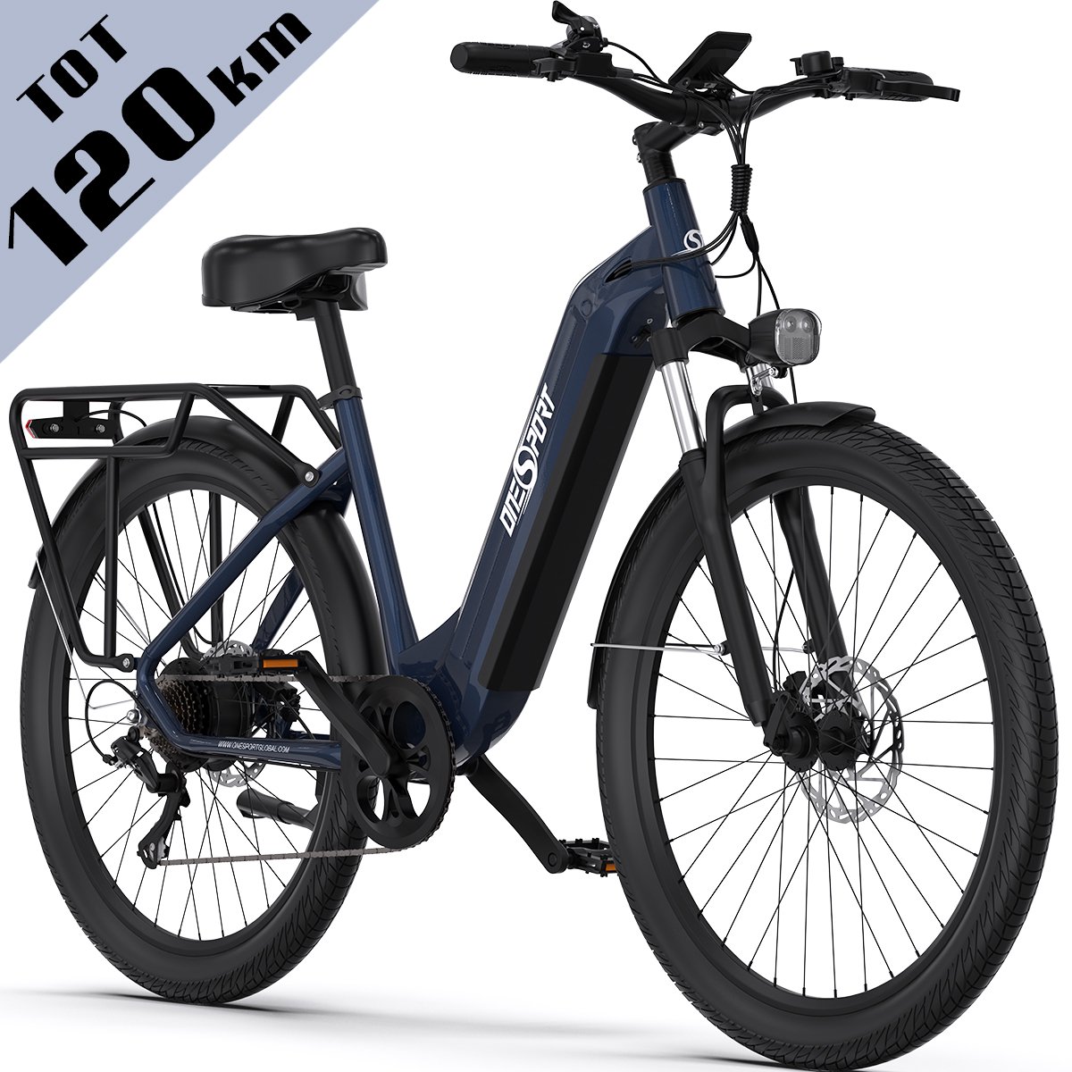 Elektrische Fiets ONESPORT OT05 - 120 km Actieradius - 36V 18.2Ah/655Wh Accu - 27.5 Inch Wielen - Shimano 7 Versnellingen - Hydraulische Schijfremmen - Aluminium Frame - LED Display & APP - Elektrische Stadsfiets - Donkerblauw