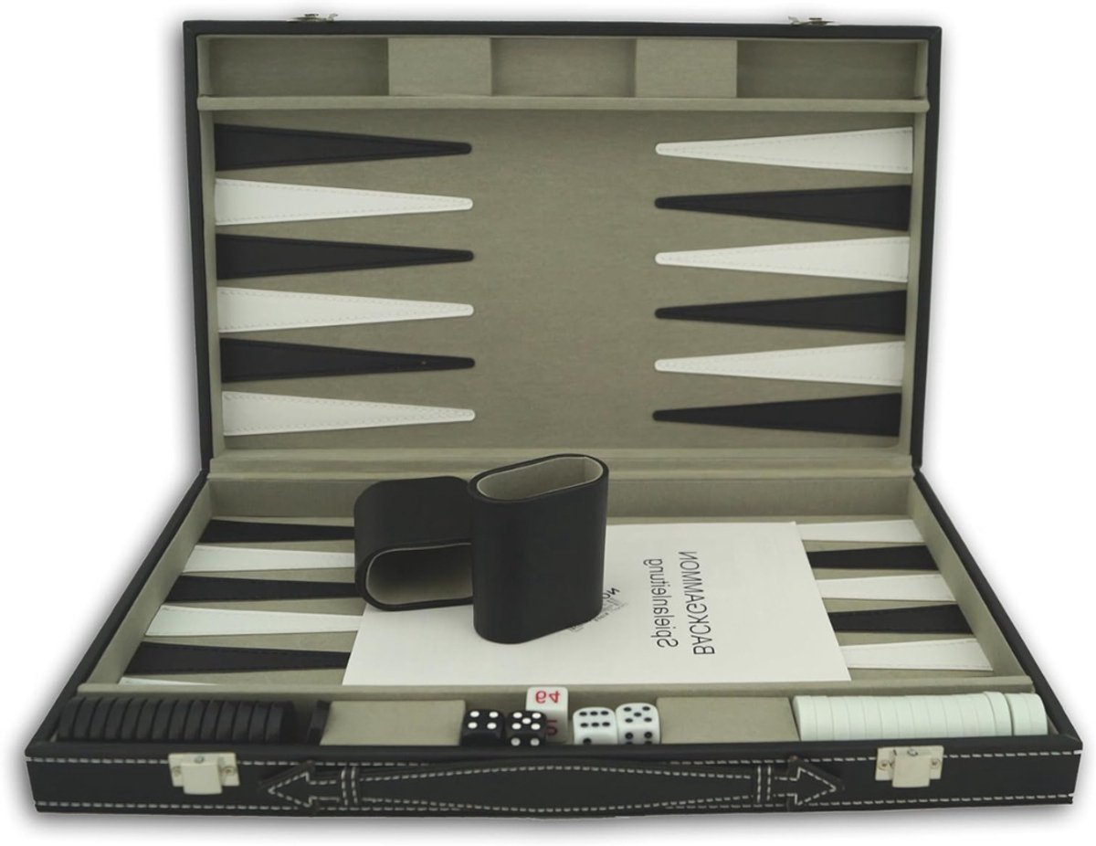 Aura® Backgammon Koffer – Luxe Backgammon Set – Lederen Bordspel – Zwart - ‎39cm x 25cm x 6cm