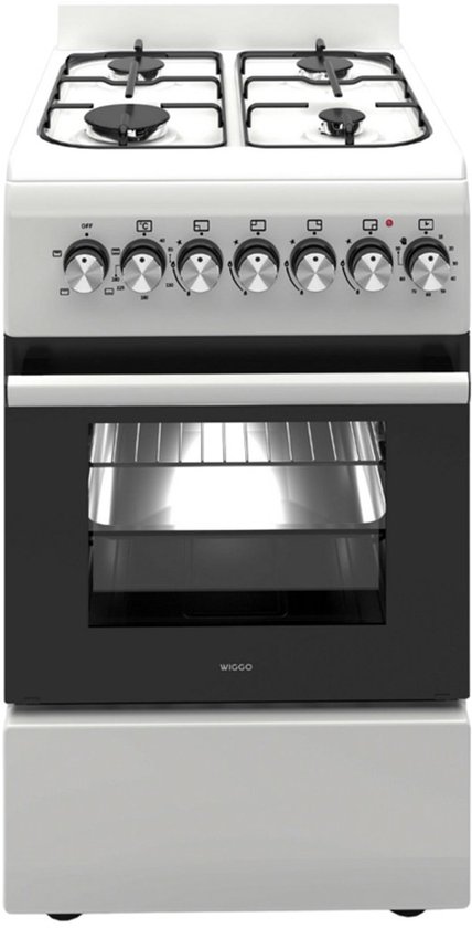 Wiggo WO-E506A(WX) - Vrijstaand - Gasfornuis met oven - 50cm breed - 52 Liter - 4 pitten - Energieklasse A - 5 jaar garantie - Wit Inox