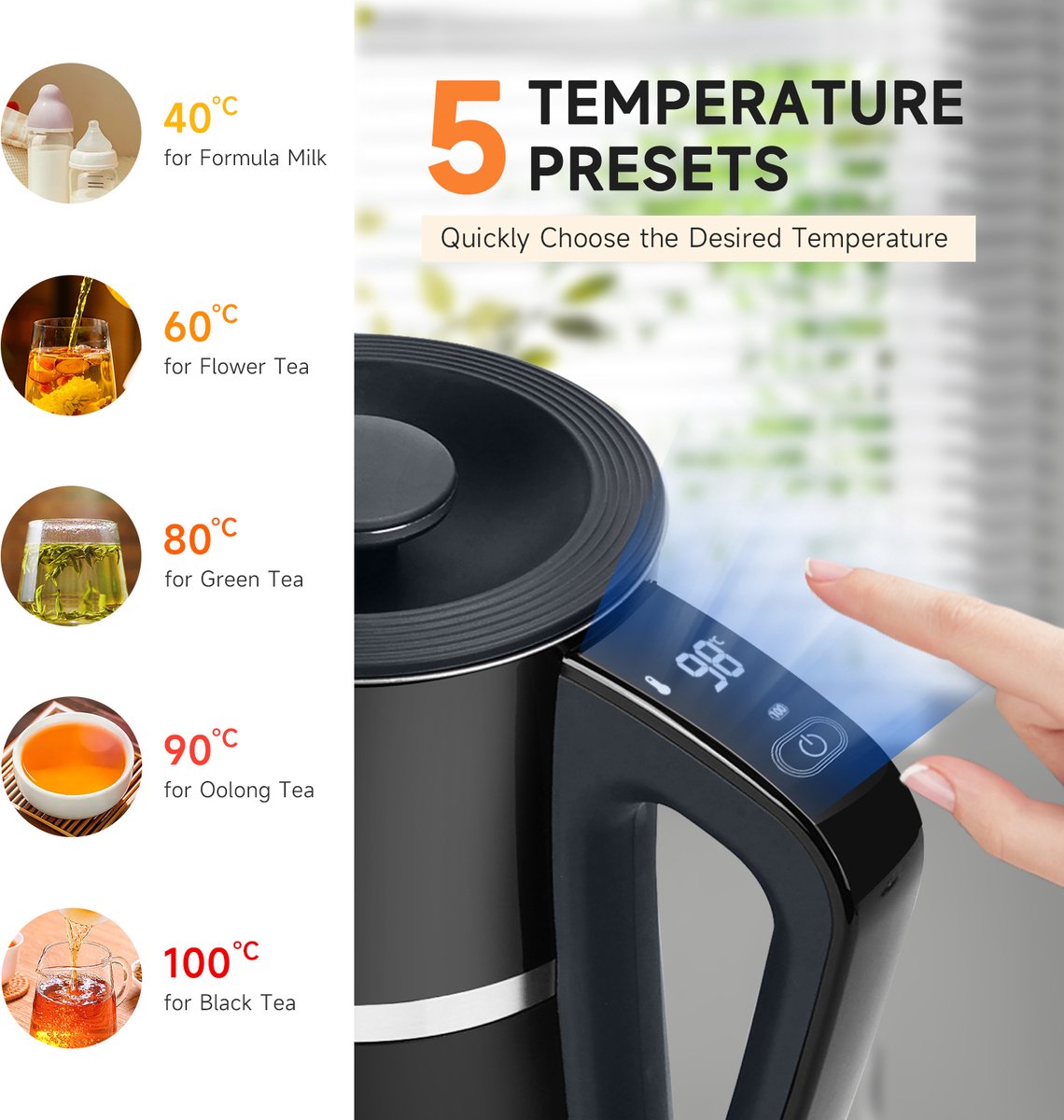 Aigostar Waterkoker met Temperatuurregeling - 1.7L - Instelbare Waterkoker - Dubbelwandig & Cool-touch - Warmhoudfunctie - BPA-vrij - voor Babyvoeding & Thee - 2200W - Zwart — afbeelding 2