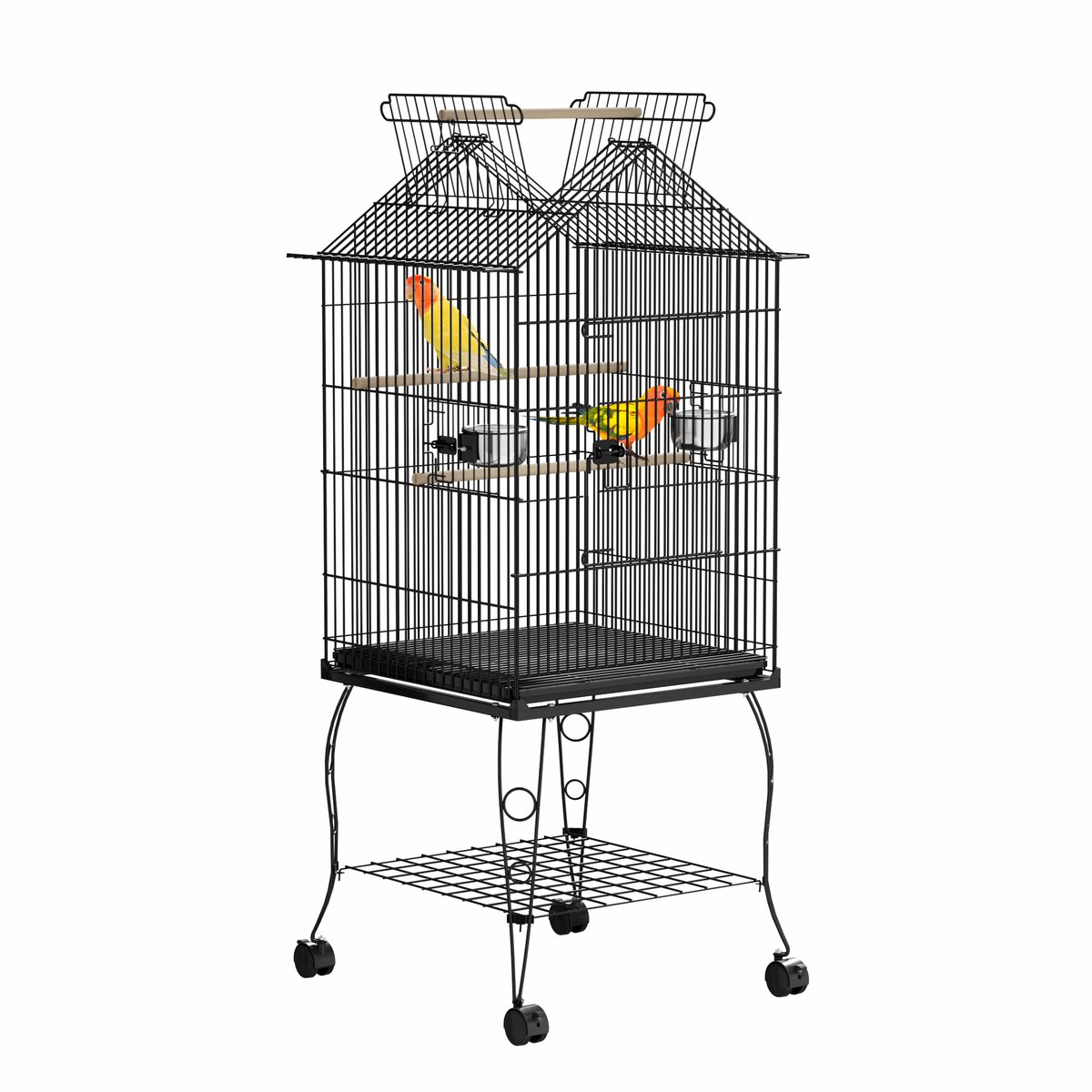 Froadp Vogelkooi met standaard Parkietkooi met te openen dak 55 x 55 x 145 cm Vogelvolière Papegaaienkooi Druppelvormige vogelkooi met voederhuisje en zitstok van hout voor parkieten