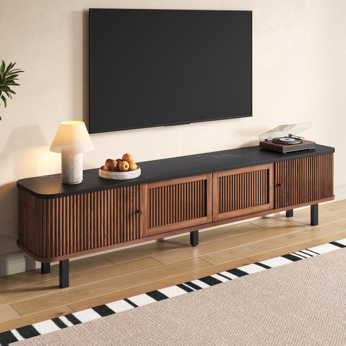 PHOEBE CAT TV-kast - Schuifdeuren - Gaasdeuren - 190 x 35 x 45 cm - Zwart + Walnoot