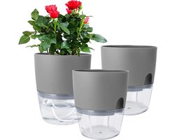 Set van 3 zelfwaterende bloempotten - Bloempotten - Transparante bloempotten - Met drainagegaten en waterabsorberend touw - Kunststof - Grijs