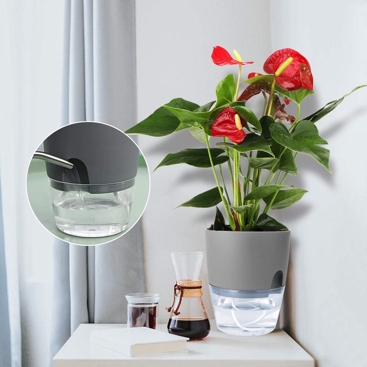 Set van 3 zelfwaterende bloempotten - Bloempotten - Transparante bloempotten - Met drainagegaten en waterabsorberend touw - Kunststof - Grijs — cadeau in Cadeau-ideeën - foto 5